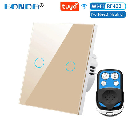 Tuya EU WiFi+RF433 Smart Remote control switch No Neutral Wire Required 1/2/3Gang Light Touch Switch Work with Alexa Google Home