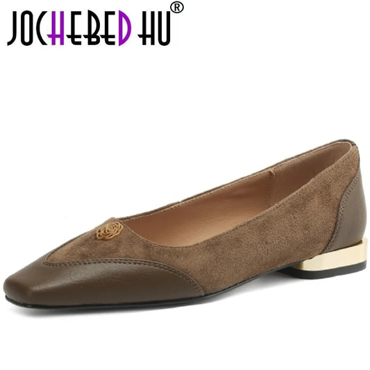 【JOCHEBED HU】Handmade Genuine Leather Low Cut Metal Heel Women's Shoes Comfortable Casual Footwear  34-40
