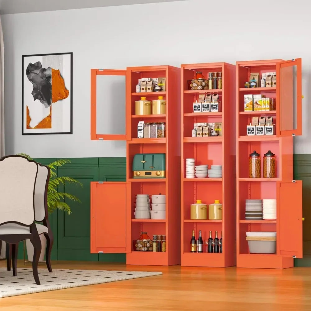 YQXH Orange Metal Storage Cabinet with Glass Door, Metal Locker Storage Cabinet with 3 Adjustable Shelves and 2 Doors