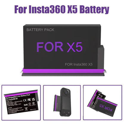 Replacement Battery For Insta360 X5 Rechargeable Li-ion Battery Pack 2500mAh 9.63Wh