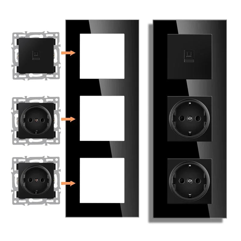 wall-mounted module diy European standard black tempered crystal glass panel socket light switch button function combi