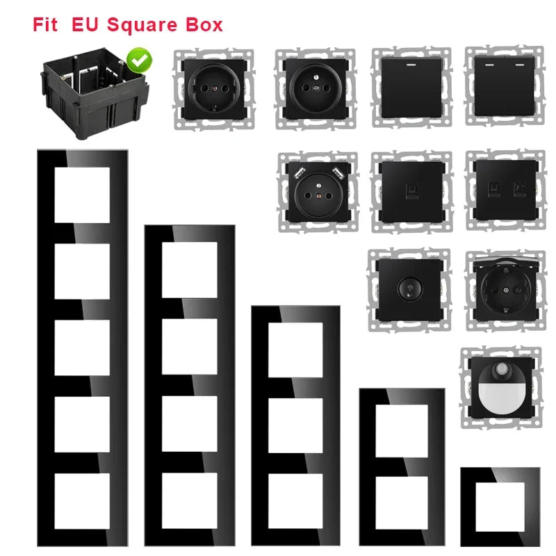 wall-mounted module diy European standard black tempered crystal glass panel socket light switch button function combi