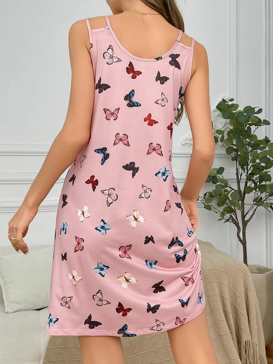Women's new style halter nightdress butterfly print double strap skirt casual home wear