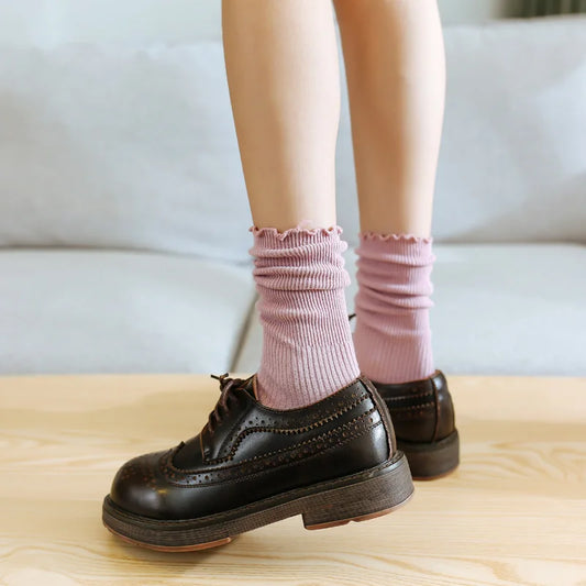 1/3/5 Pairs Women‘s Lace Trim Ruffle Socks Cotton Stacked Socks Mid Calf Solid Color Kawaii Vintage Princess Socks Spring Autumn