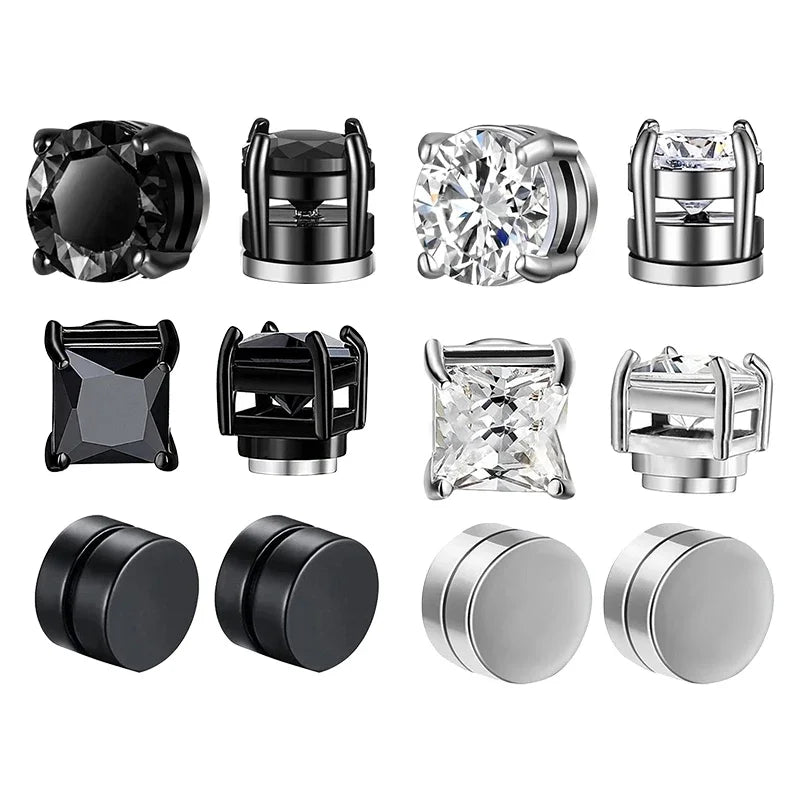 6 Pcset Crystal Strong Magnetic Ear Stud Clip Earrings for Men and Women Punk Round Zircon Magnet Earrings Non Piercing Jewelry