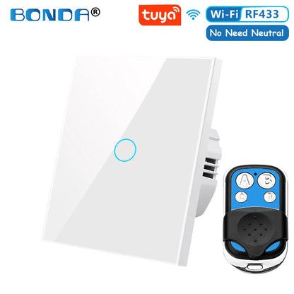 Tuya EU WiFi+RF433 Smart Remote control switch No Neutral Wire Required 1/2/3Gang Light Touch Switch Work with Alexa Google Home