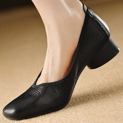 Women's sheepskin square toe slip-on pumps elegant ladies OL style 3cm round low heel daily slim dress heeled shoes for woman