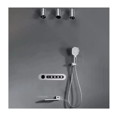 4-Function Thermostatic Shower Set Concealed Wall Mounted Brass Control Rain Pattern Jet Soft Brushed Chrome Finish Ceramic