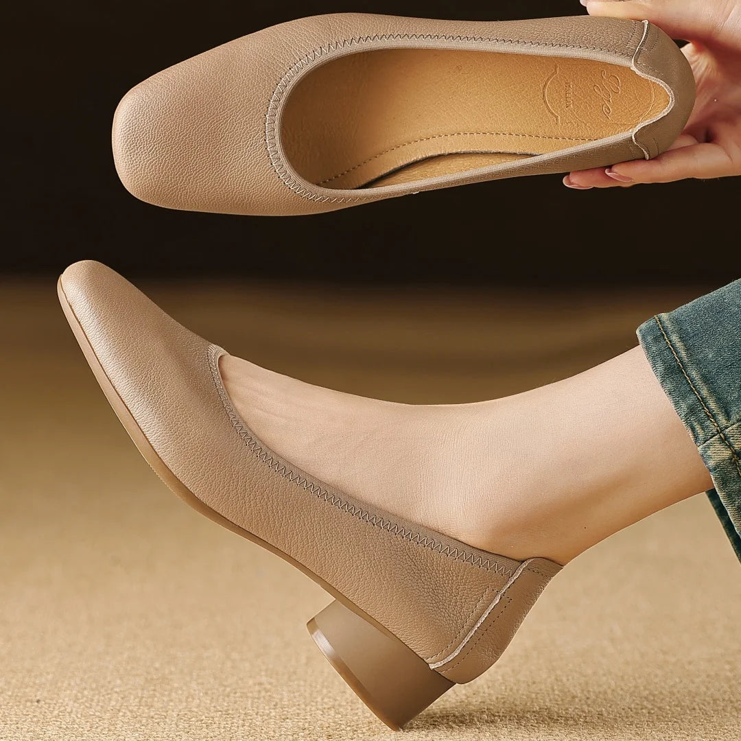 Women's sheepskin square toe slip-on pumps elegant ladies OL style 3cm round low heel daily slim dress heeled shoes for woman