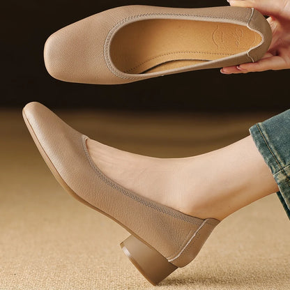 Women's sheepskin square toe slip-on pumps elegant ladies OL style 3cm round low heel daily slim dress heeled shoes for woman