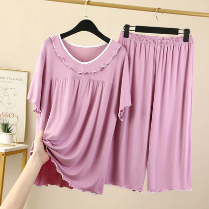 Women's Pajamas Set New V Neck Short Sleeve Capri Pants Suit Modal Casual Sleep Wear Home Clothing Night Pijamas Sets Female