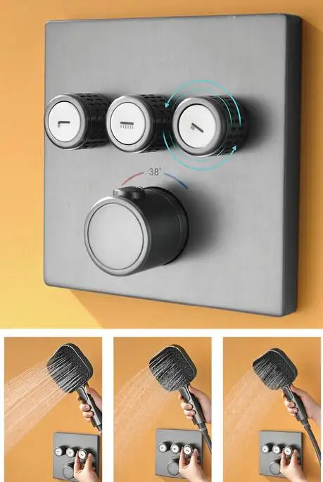 3 Ways Gray Solid Brass High Pressure Embedded in Wall Bathroom Concealed Douche Brass Bathroom Shower Set with Tub Spout