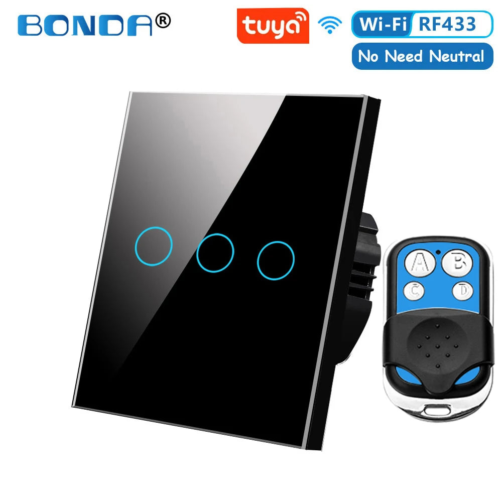 Tuya EU WiFi+RF433 Smart Remote control switch No Neutral Wire Required 1/2/3Gang Light Touch Switch Work with Alexa Google Home