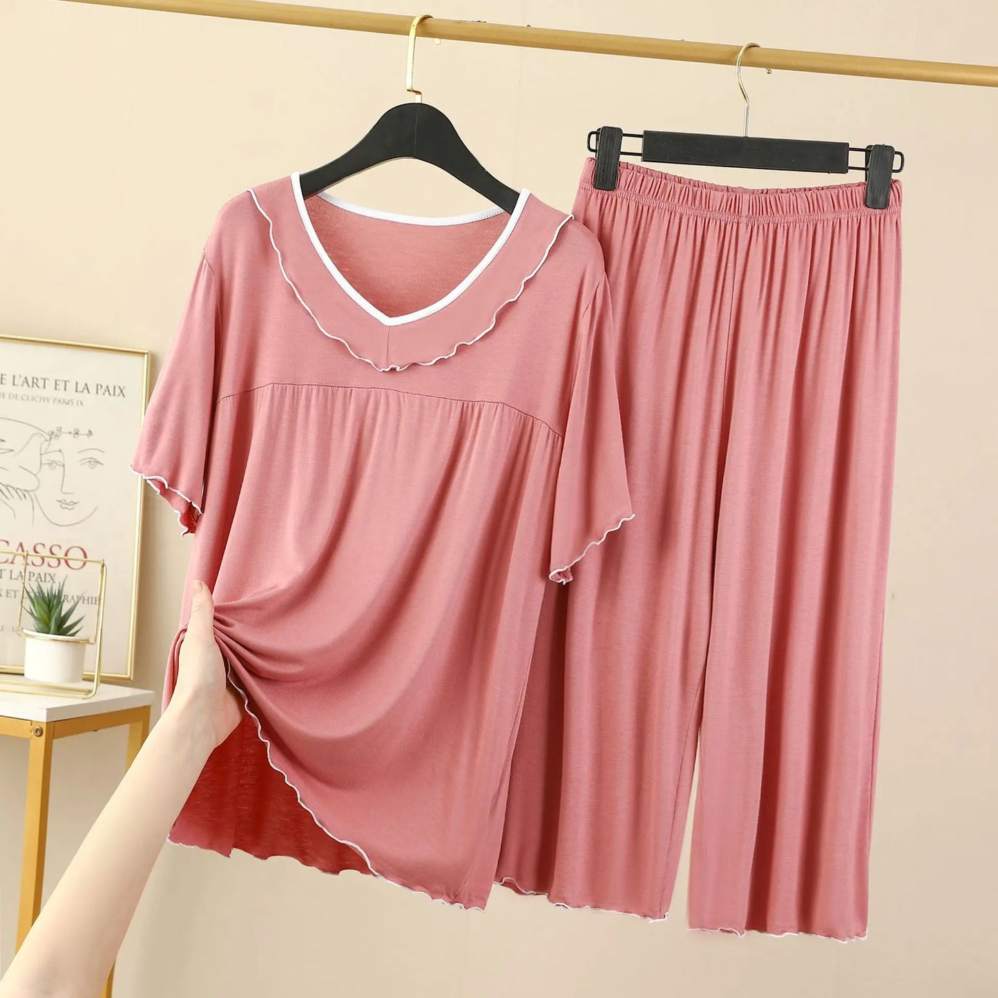 Women's Pajamas Set New V Neck Short Sleeve Capri Pants Suit Modal Casual Sleep Wear Home Clothing Night Pijamas Sets Female
