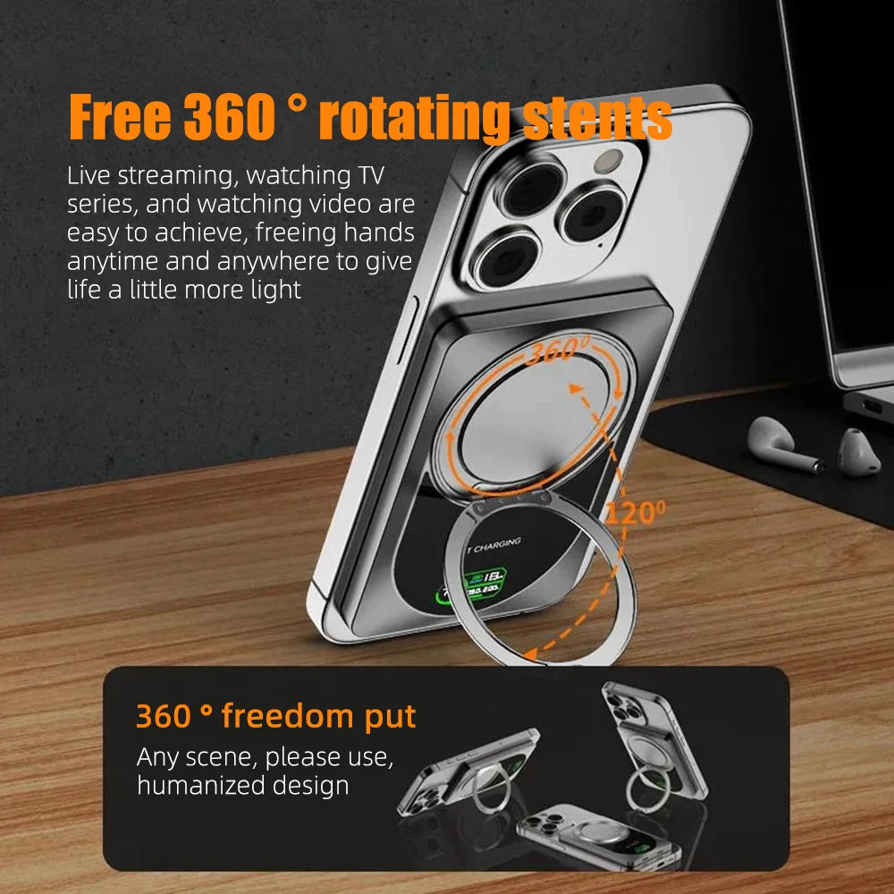 PD20W Magnetic Powerbank TFT Color Screen 10000mah/37Wh With Bracket Aluminum Shell QI 15W Wireless Phone Portable Fast Charging