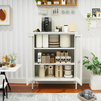 YQXH Metal Storage Cabinet with 2 Mesh Doors,Metal Locker Storage Cabinet with Adjustable Shelves,Coffee Bar for Pantry, Kitche