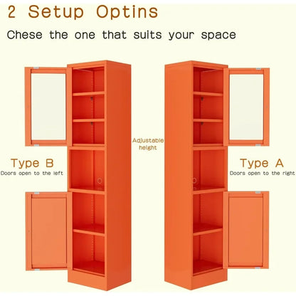 YQXH Orange Metal Storage Cabinet with Glass Door, Metal Locker Storage Cabinet with 3 Adjustable Shelves and 2 Doors