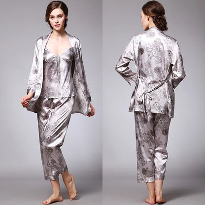 Women's Silk Satin Pajamas Set 3 Pcs Floral Silky Pj Sets Sleepwear Cami Nightwear with Robe and Pant