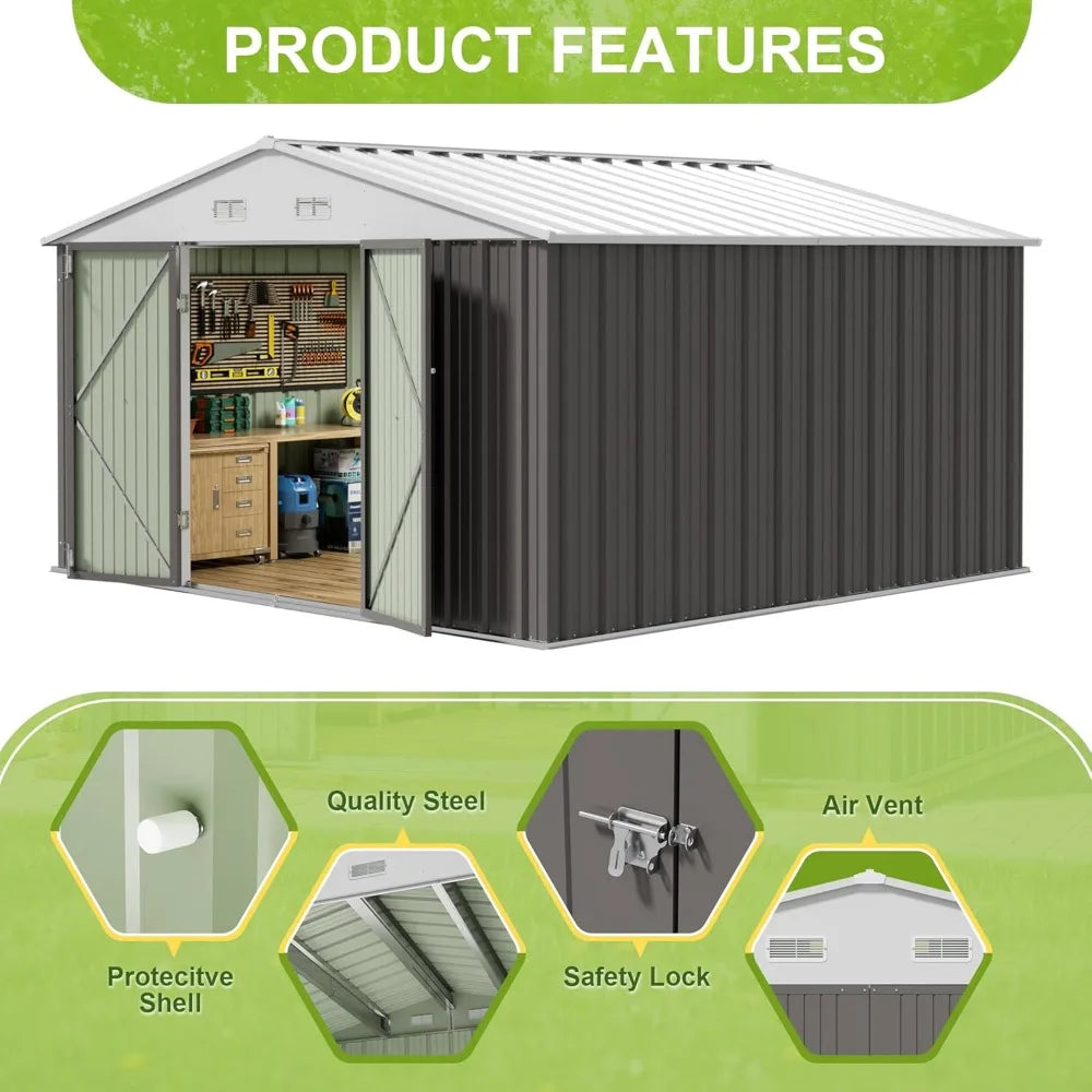 "10x10 Foot Outdoor Storage Shed - Large Grey Metal Garden and Tool Shed for Backyard Patio Lawn"