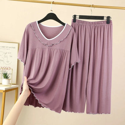 Women's Pajamas Set New V Neck Short Sleeve Capri Pants Suit Modal Casual Sleep Wear Home Clothing Night Pijamas Sets Female