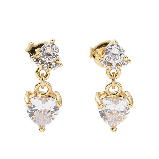 18K Gold Stud Earrings with Clear Heart Cubic Zirconia