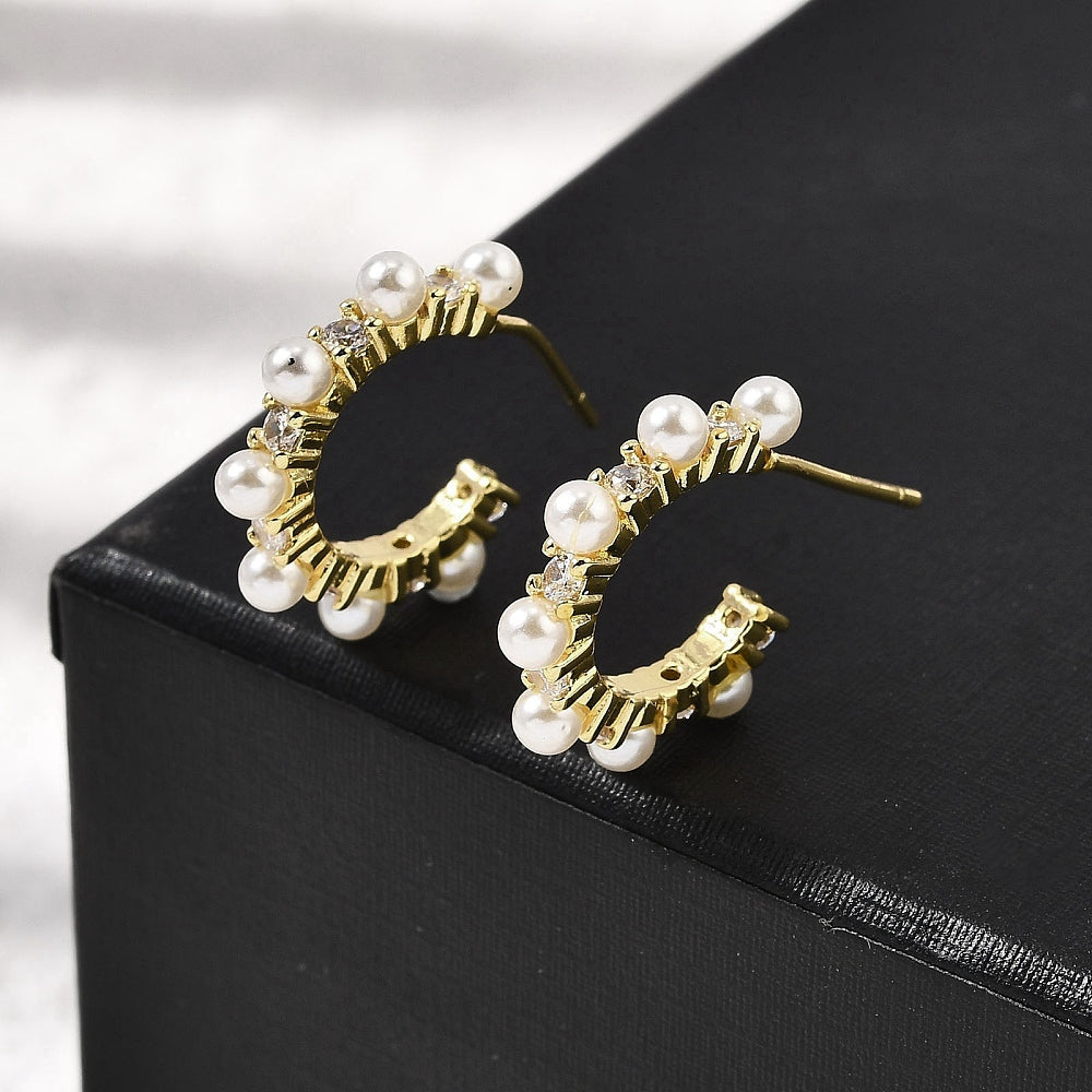 18K Gold Earrings with Pearls and Clear Cubic Zirconia