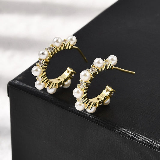 18K Gold Earrings with Pearls and Clear Cubic Zirconia