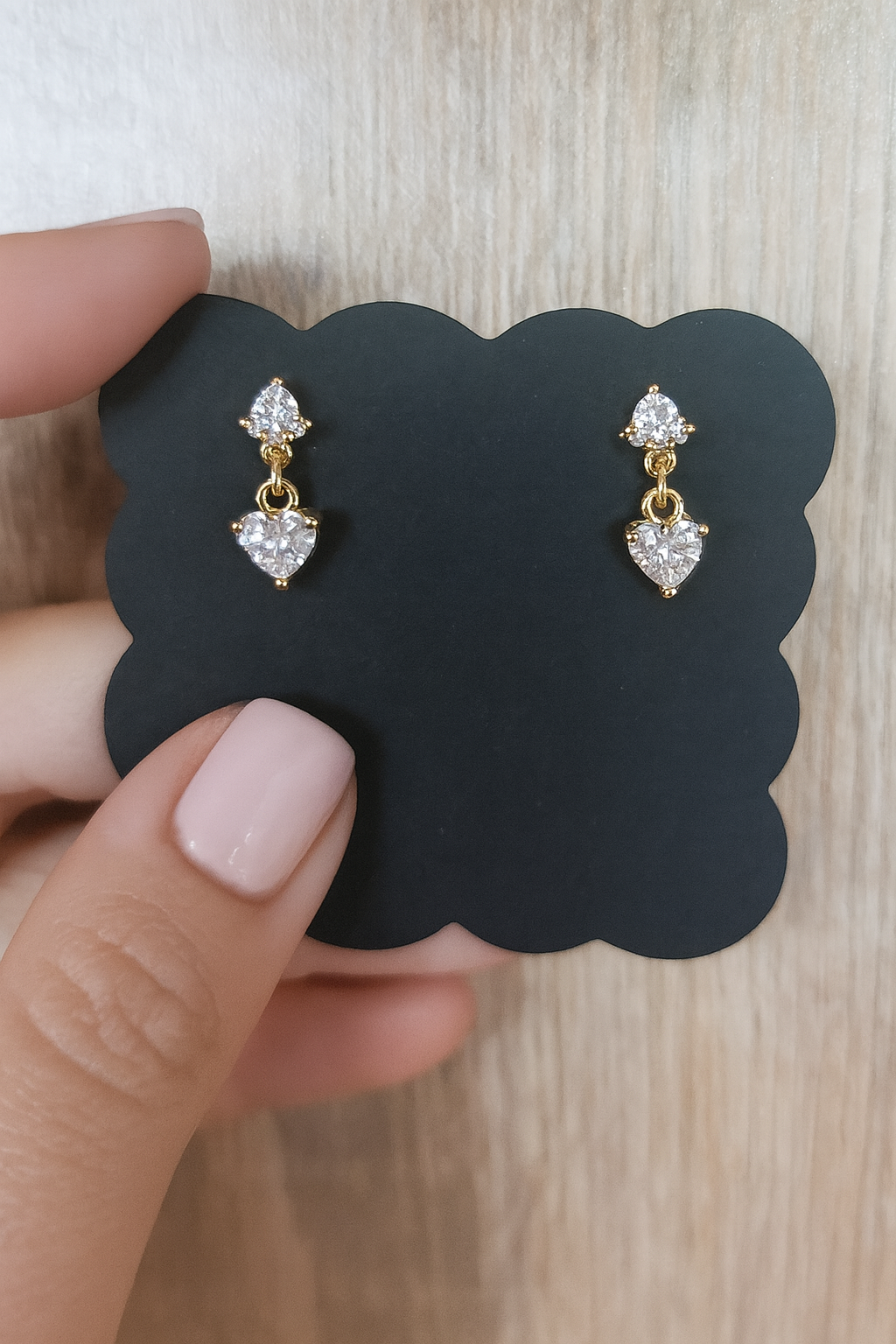 18K Gold Stud Earrings with Clear Heart Cubic Zirconia