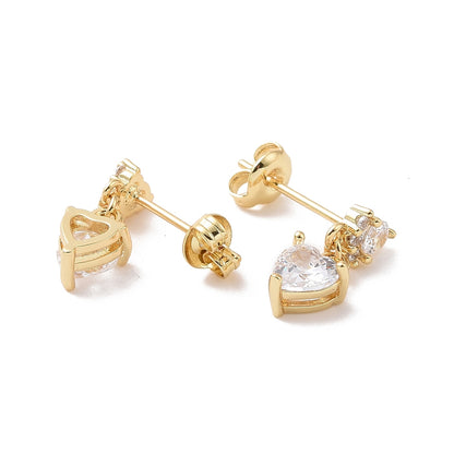 18K Gold Stud Earrings with Clear Heart Cubic Zirconia
