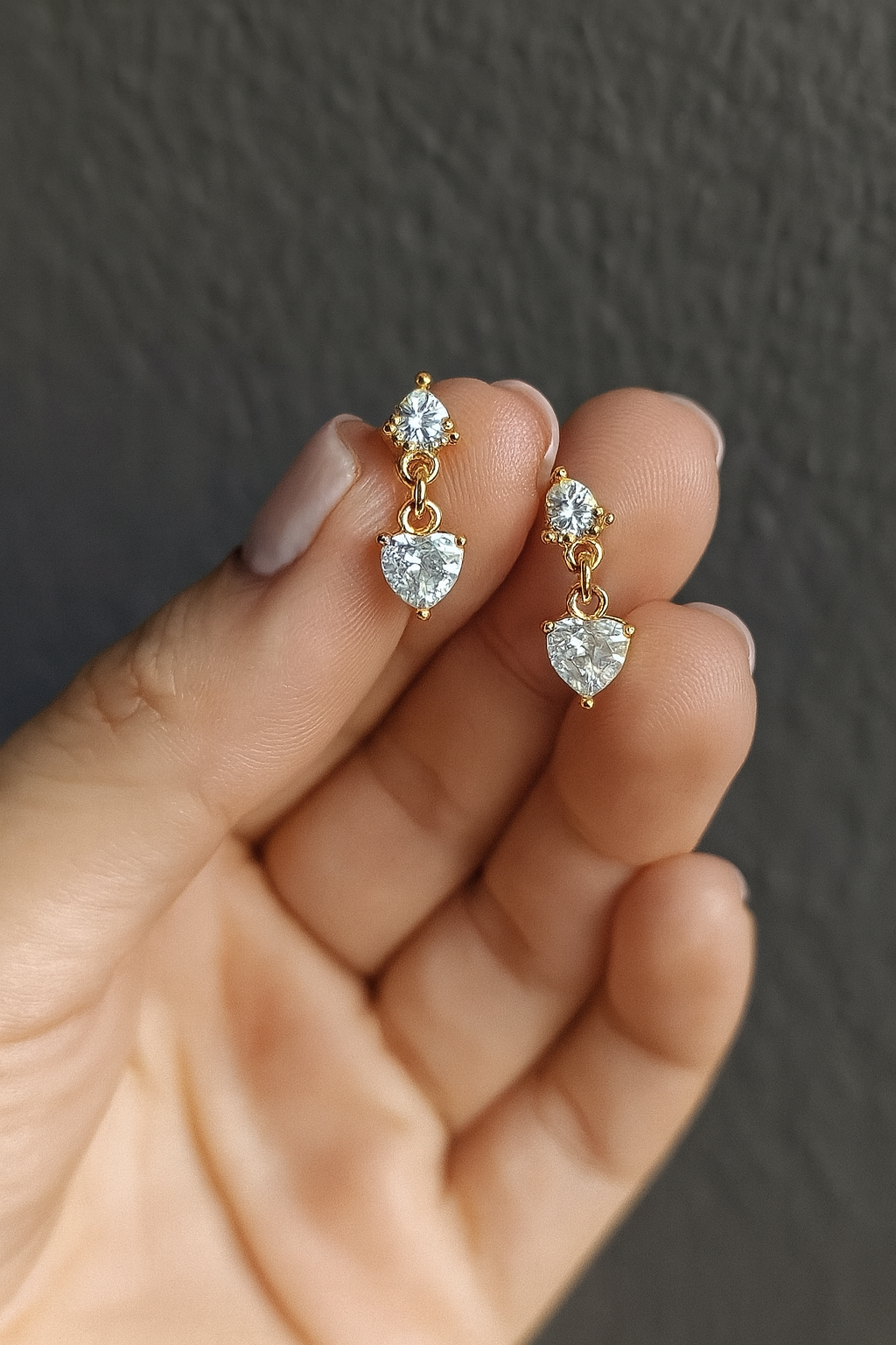 18K Gold Stud Earrings with Clear Heart Cubic Zirconia