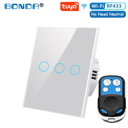 Tuya EU WiFi+RF433 Smart Remote control switch No Neutral Wire Required 1/2/3Gang Light Touch Switch Work with Alexa Google Home