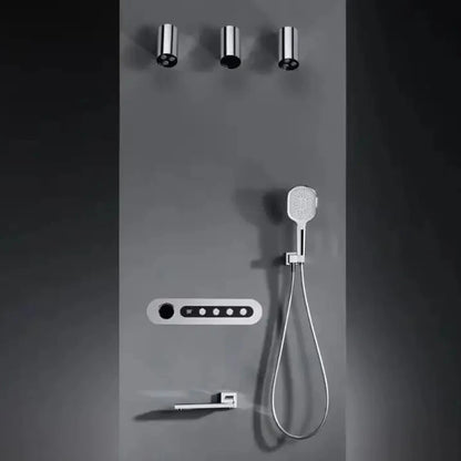 4-Function Thermostatic Shower Set Concealed Wall Mounted Brass Control Rain Pattern Jet Soft Brushed Chrome Finish Ceramic