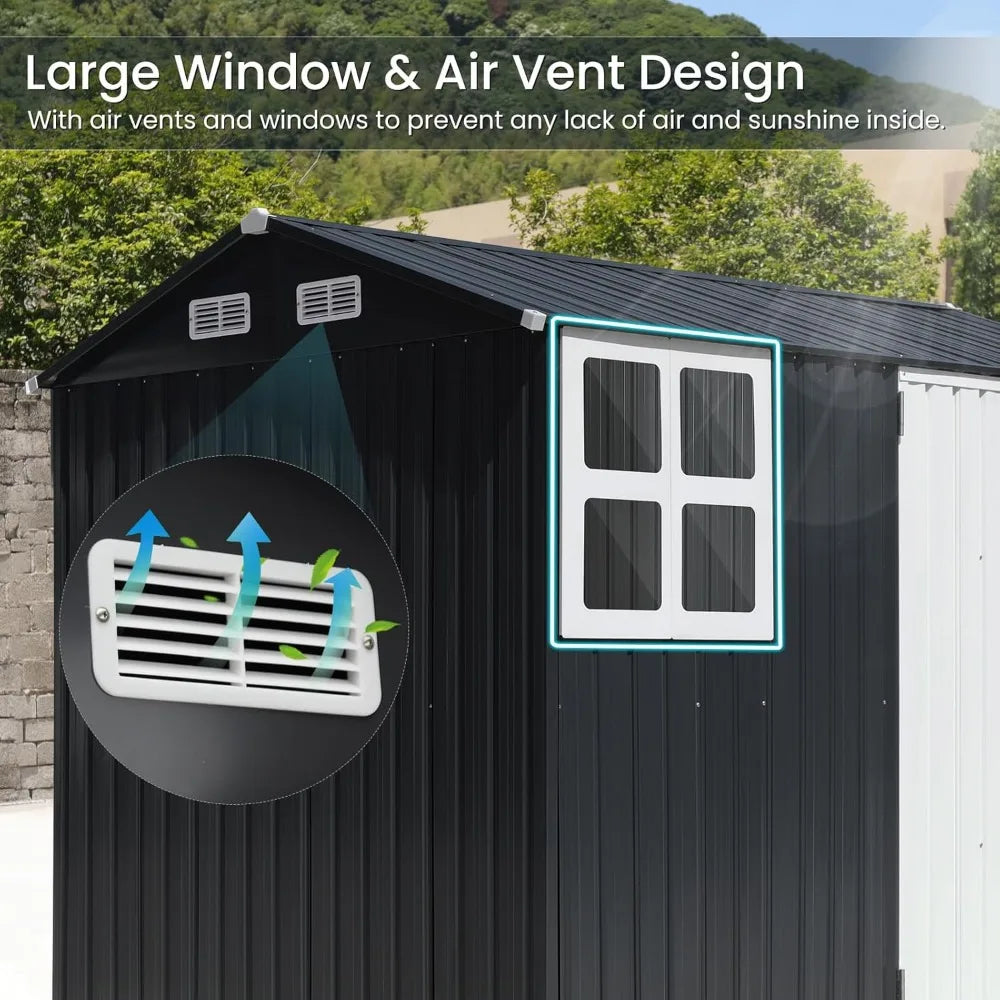 8x6FT Outdoor Storage Shed, Galvanized Steel Metal Garden Shed with Large Window, Lockable Double Door, Outdoor Tool Shed for B