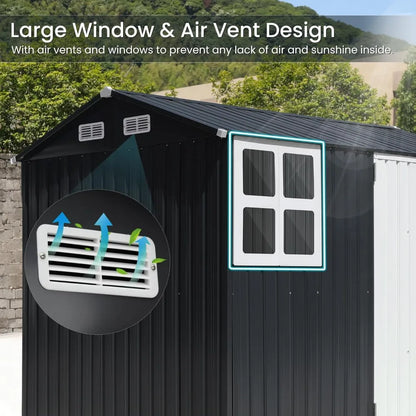 8x6FT Outdoor Storage Shed, Galvanized Steel Metal Garden Shed with Large Window, Lockable Double Door, Outdoor Tool Shed for B