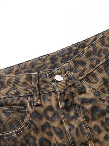 American vintage leopard print jeans female autumn winter new design sense small straight tube overalls casual pants