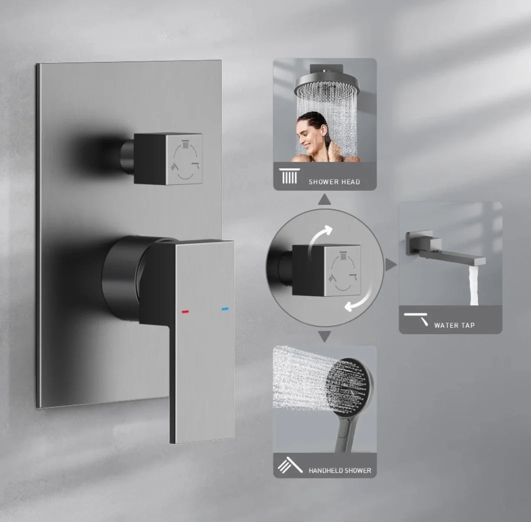 Wall Mounted Round Rain Showerhead Gray 2 Function Shower Set Brass Shower System