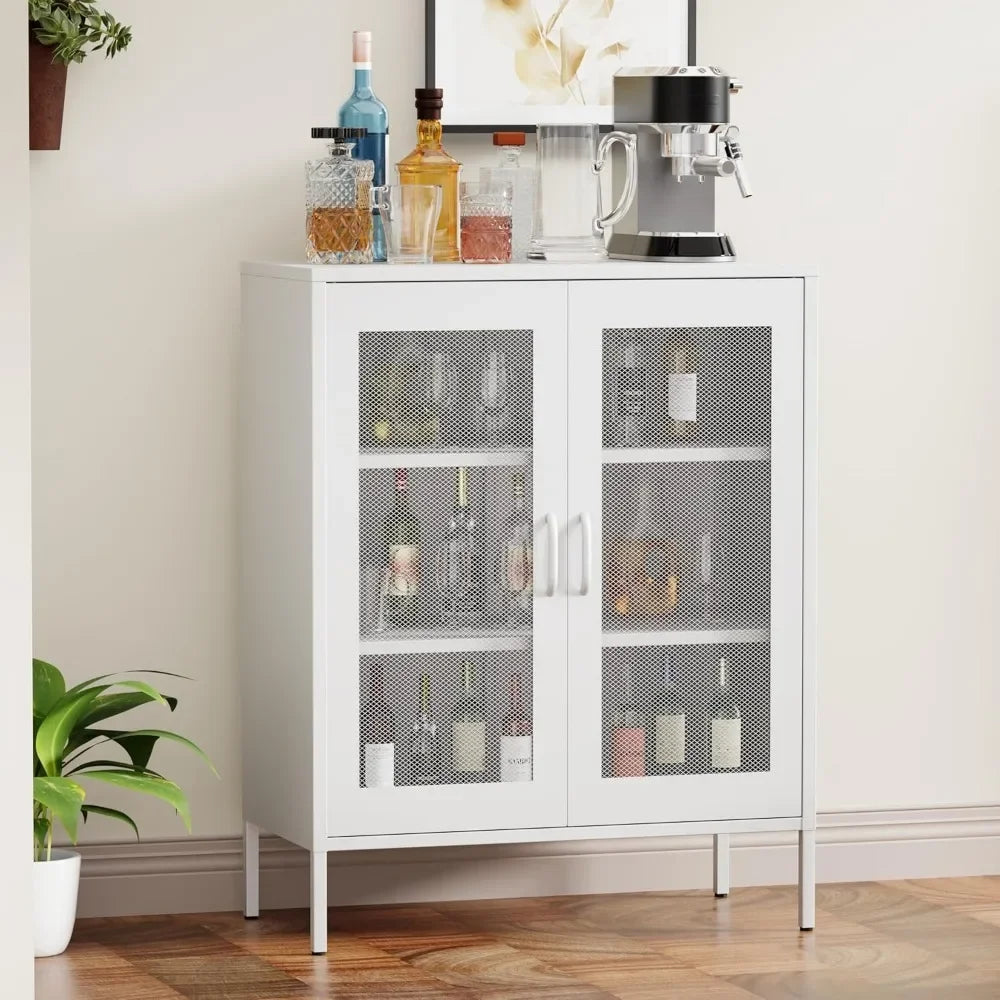 YQXH Metal Storage Cabinet with 2 Mesh Doors,Metal Locker Storage Cabinet with Adjustable Shelves,Coffee Bar for Pantry, Kitche