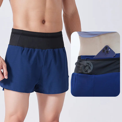 (S-4XL)Men Women Teens Double Layer Quick Dry Marathon Running Sport Shorts with Zipper Pocket Trackless Fitness Training Shorts