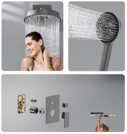Wall Mounted Round Rain Showerhead Gray 2 Function Shower Set Brass Shower System