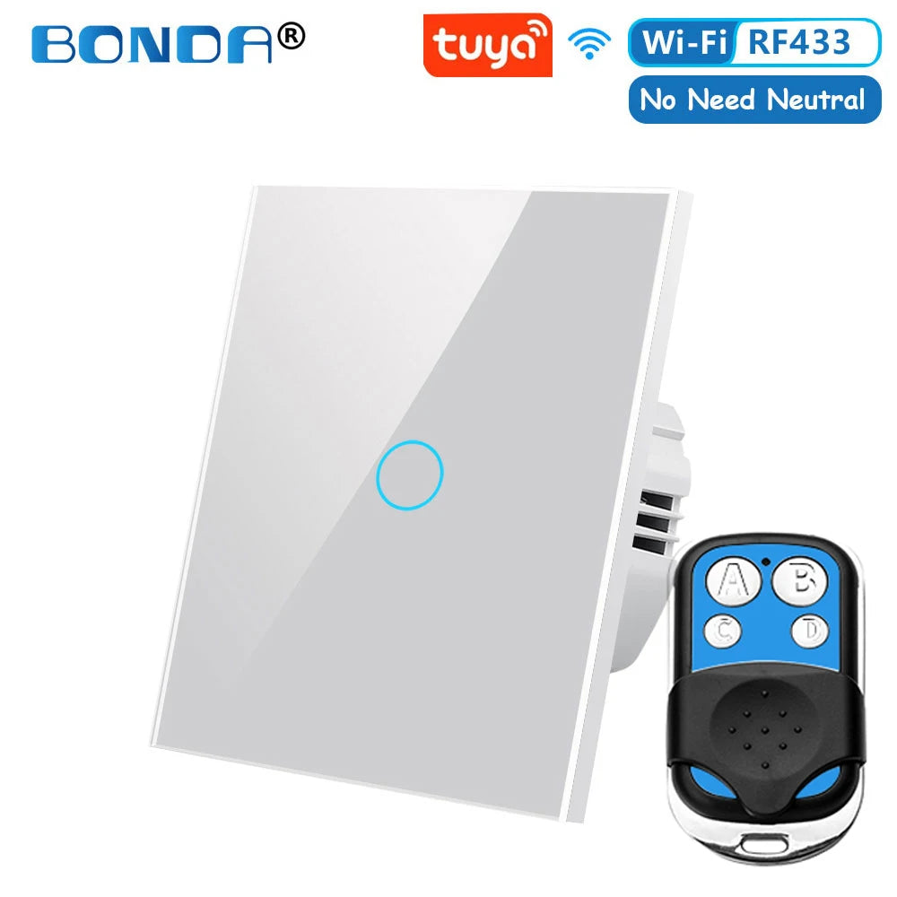 Tuya EU WiFi+RF433 Smart Remote control switch No Neutral Wire Required 1/2/3Gang Light Touch Switch Work with Alexa Google Home