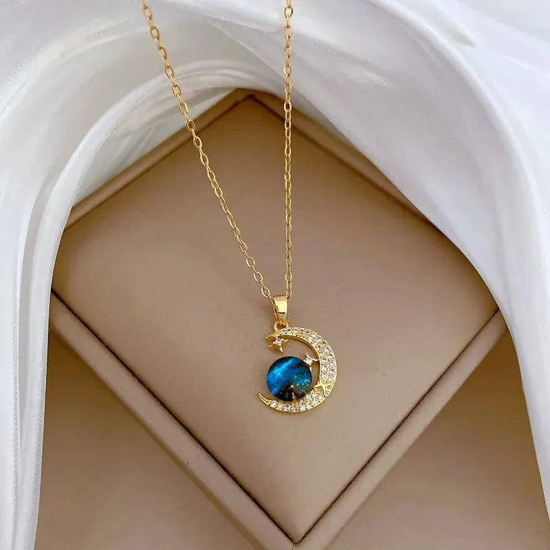 Y2K Starry Sky Planet Light Luxurious Temperament Gorgeous Necklace Star and Moon Versatile Stainless Steel Clavicle Chain