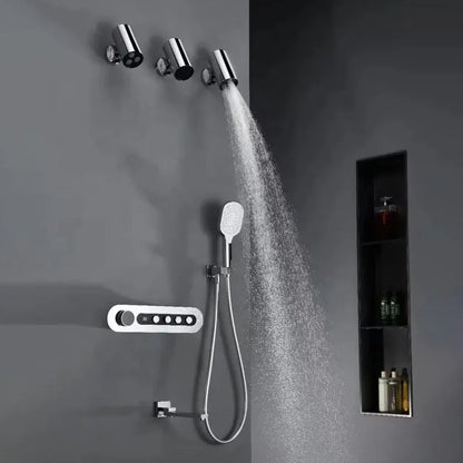 4-Function Thermostatic Shower Set Concealed Wall Mounted Brass Control Rain Pattern Jet Soft Brushed Chrome Finish Ceramic