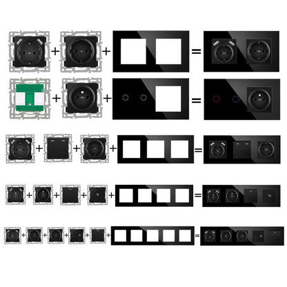 wall-mounted module diy European standard black tempered crystal glass panel socket light switch button function combi